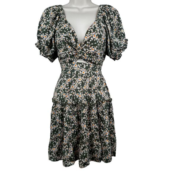 Angie Dress Floral Printed Puff Sleeve Tiered Green Med Baby Doll Milkmaid Boho - Picture 1 of 11